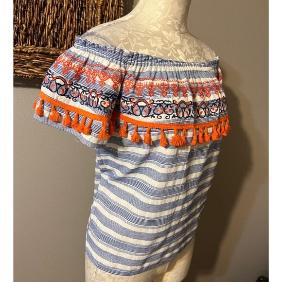 THML Top Blue Orange Ivory S Small Tassel Embroidered Cotton Off Shoulder - Picture 7 of 8